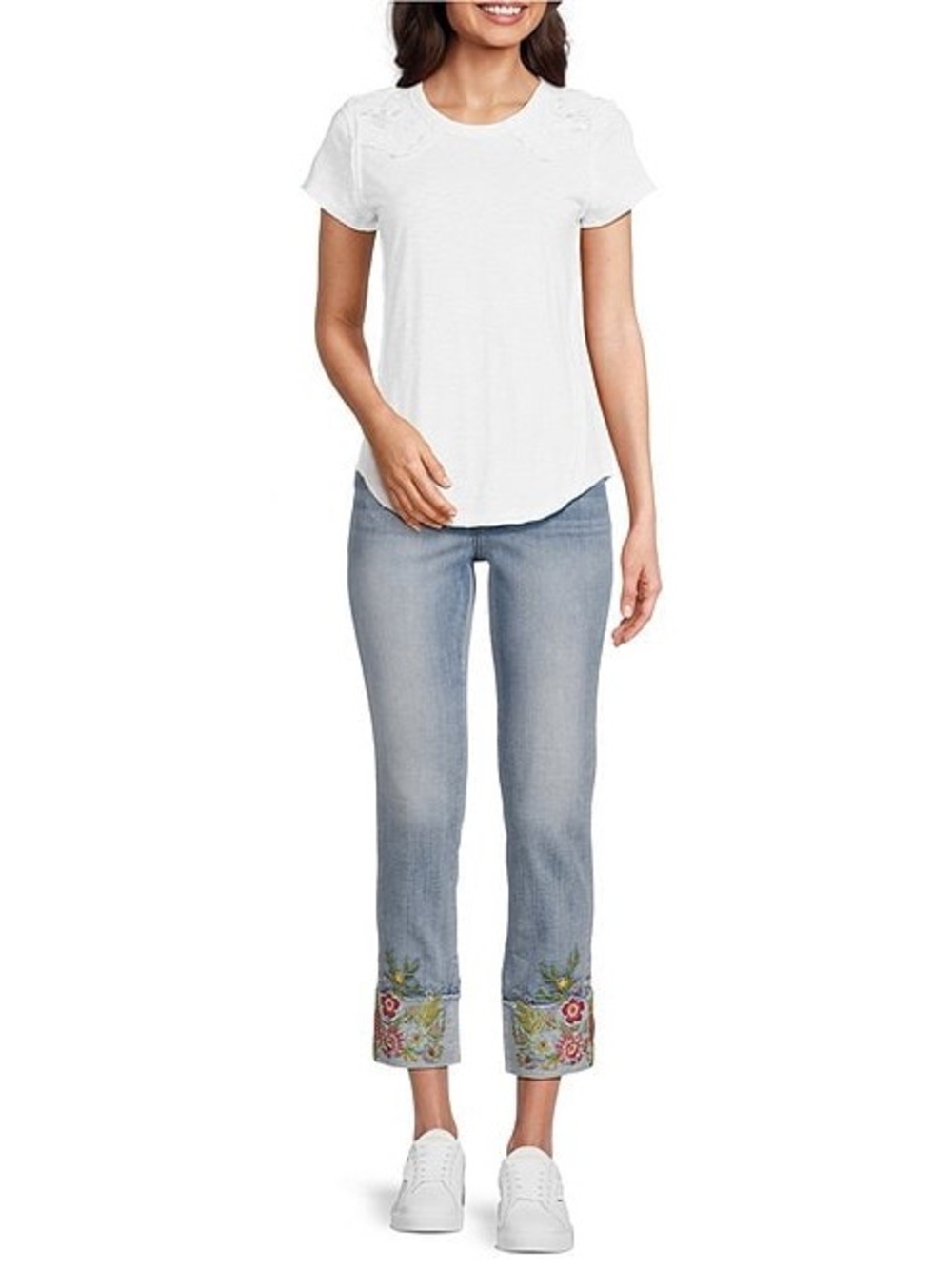 Driftwood Colette Stretch Denim Floral Embroidered Cuffed Cropped Straight Jeans - Picture 3 of 9